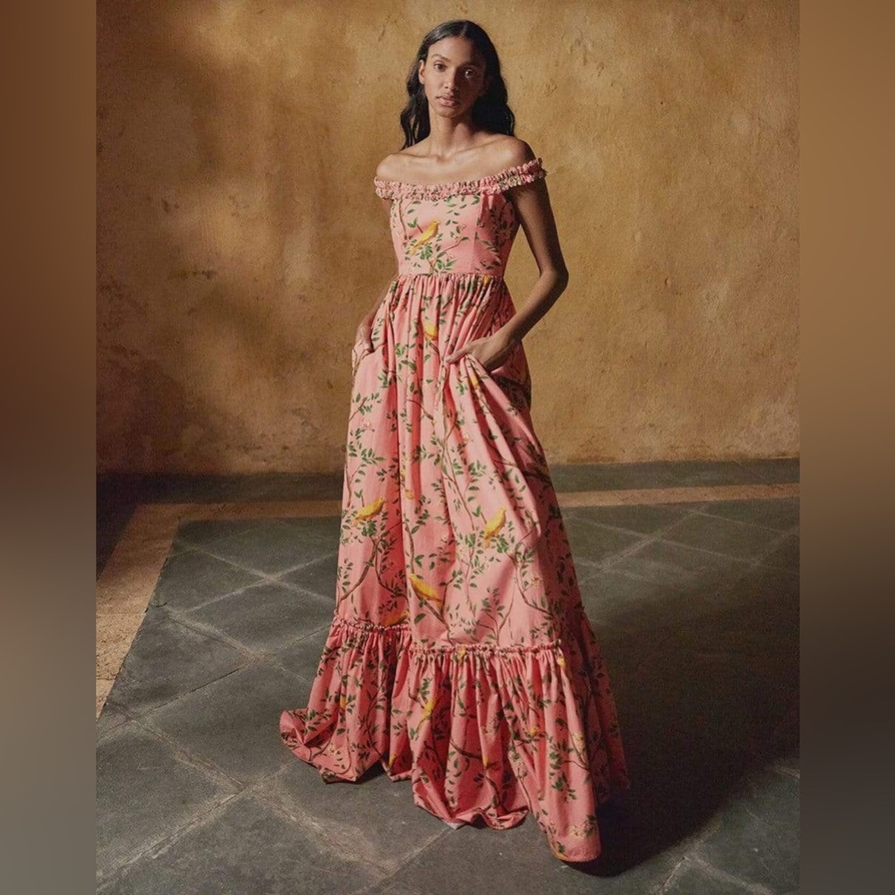 ***Sold***Agua by Agua Bendita Off-The-Shoulder Coral Cotton Poplin Maxi Dress